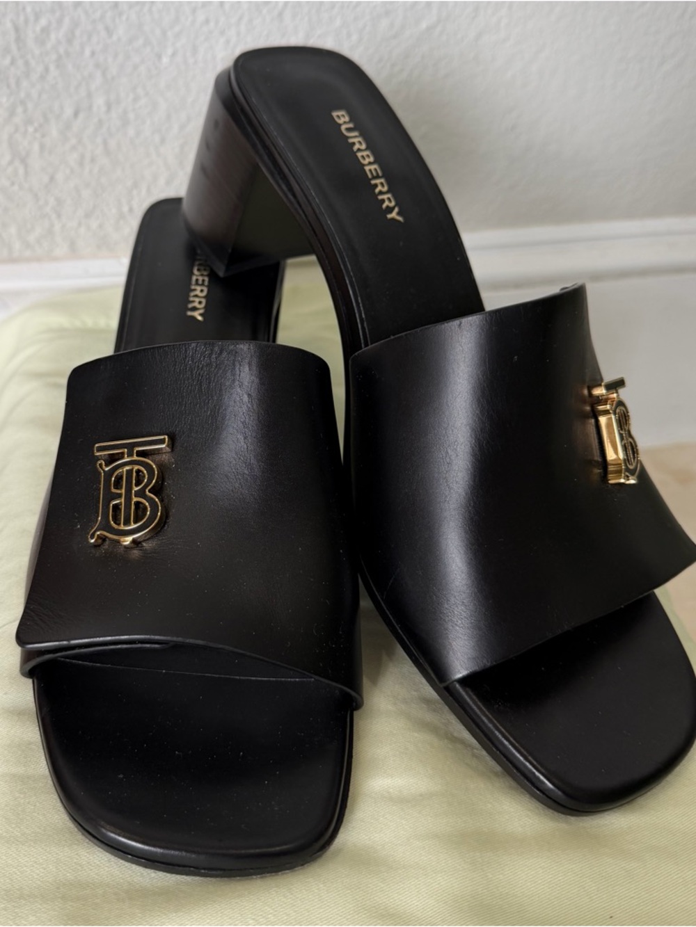 Burberry Black Leather Slide Mules with Gold TB Hardware